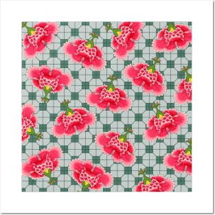 Chinese Vintage Pink and Red Flowers with Forest Green Tile - Hong Kong Traditional Floral Pattern Posters and Art